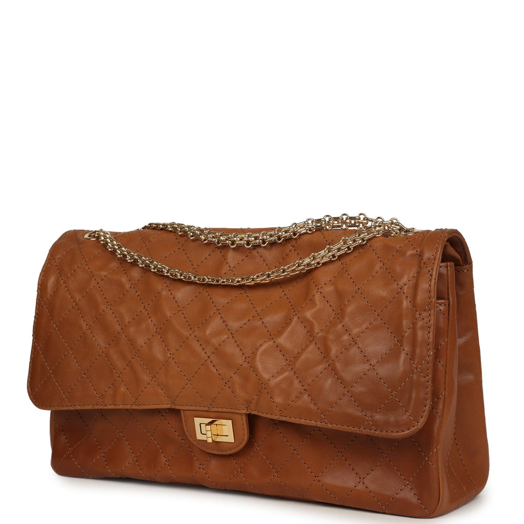 Chanel Maxi "Crush" Reissue 225 2.55 Double Flap Bag Camel Patinated Calfskin Gold Hardware