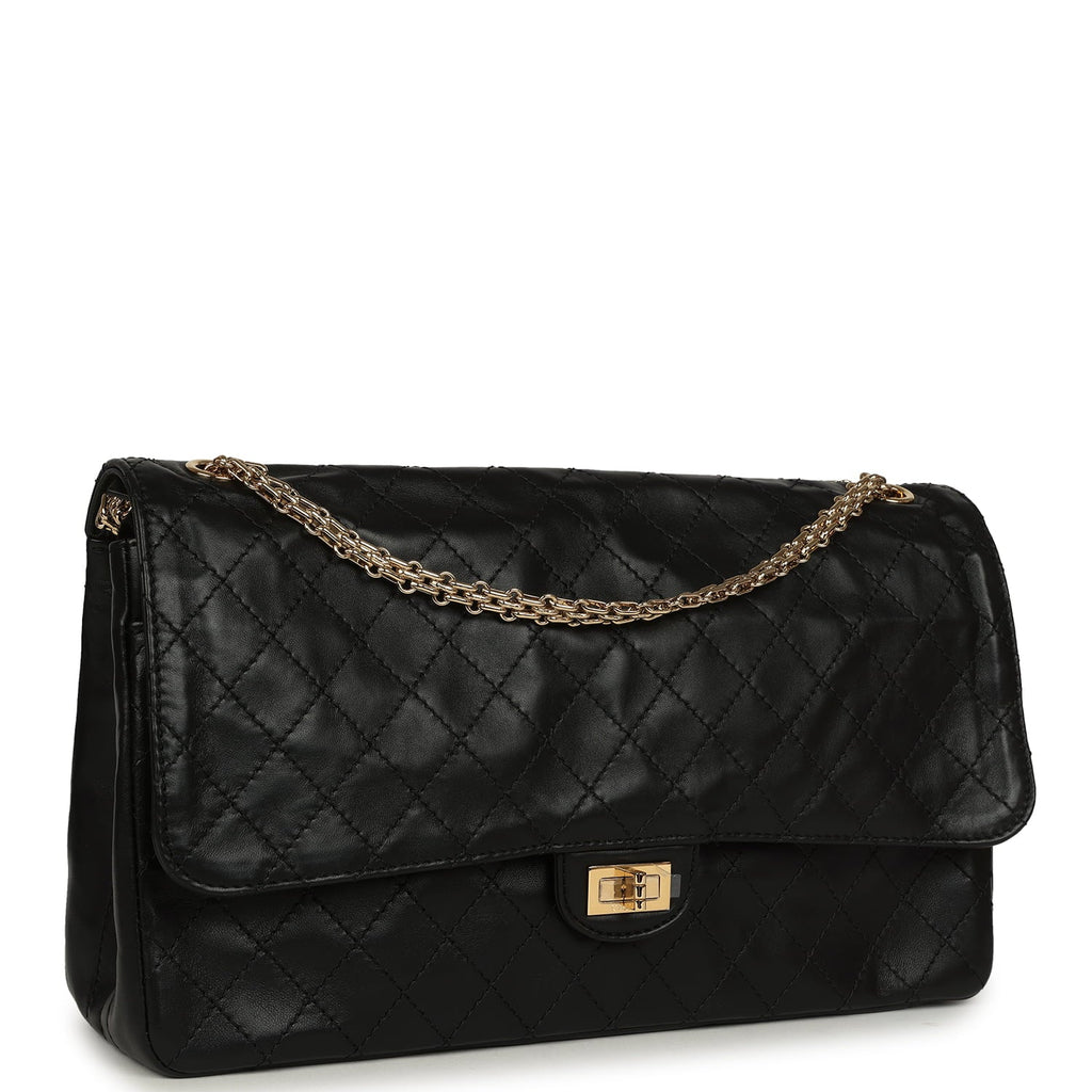 Chanel Maxi "Crush" Reissue 225 2.55 Double Flap Bag Black Lambskin Gold Hardware