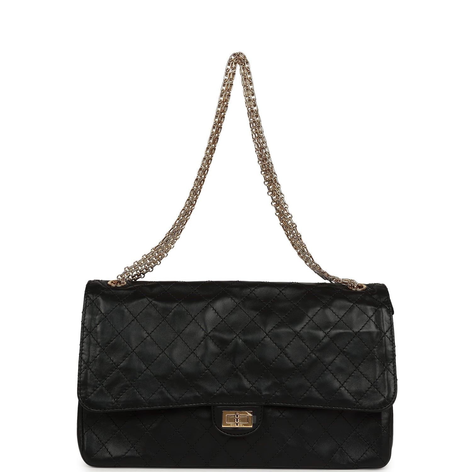 Chanel Maxi "Crush" Reissue 225 2.55 Double Flap Bag Black Lambskin Gold Hardware