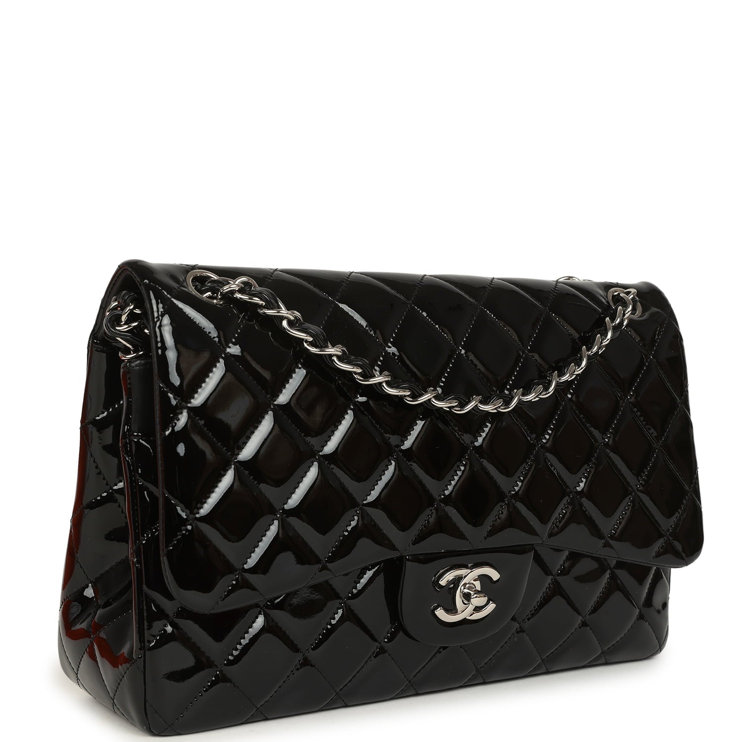 Chanel Jumbo Classic Double Flap Bag Black Patent Silver Hardware