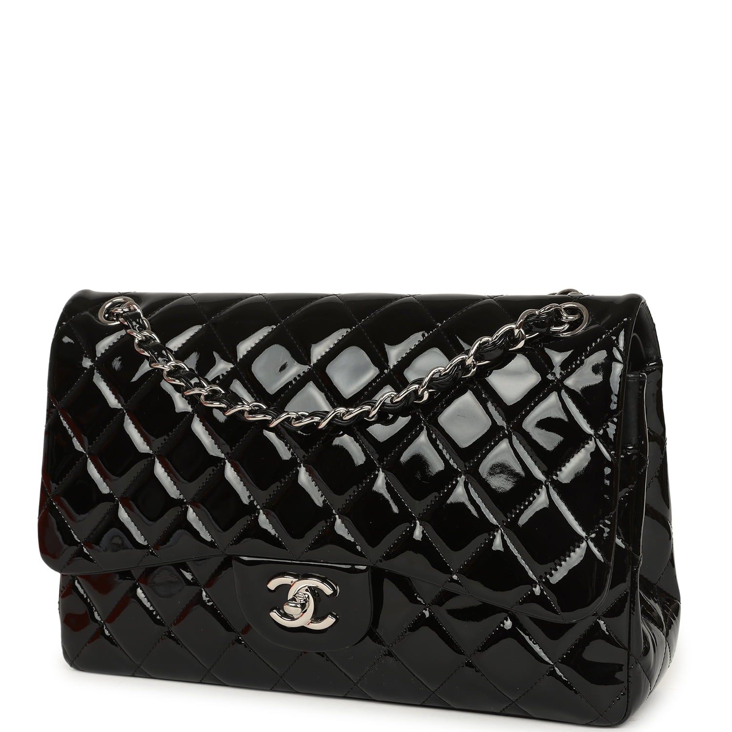 Chanel Jumbo Classic Double Flap Bag Black Patent Silver Hardware