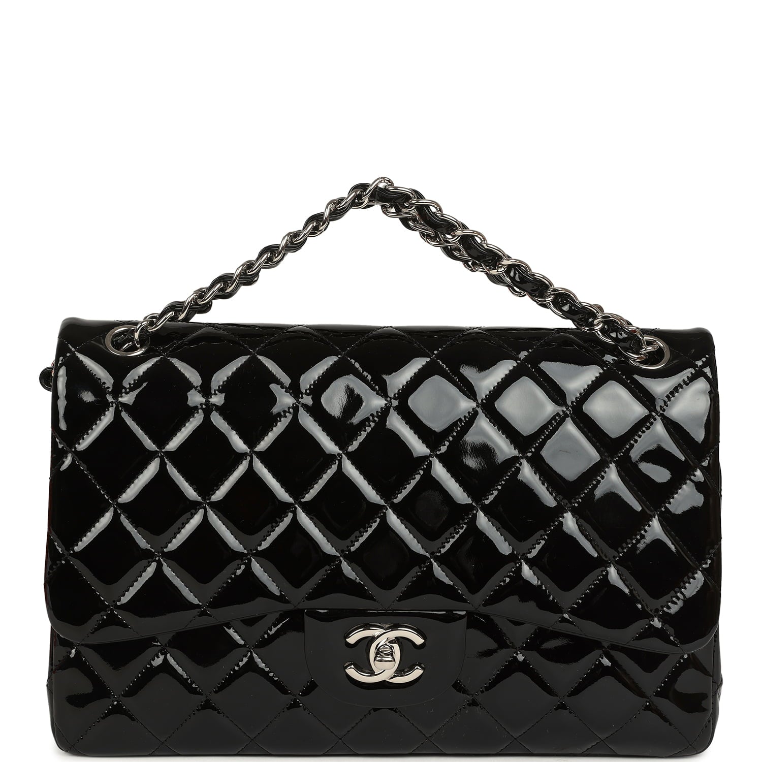Chanel Jumbo Classic Double Flap Bag Black Patent Silver Hardware