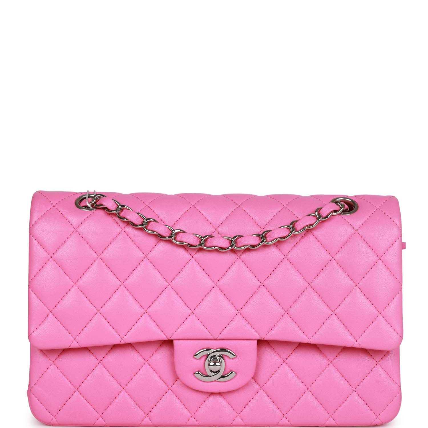 Pre-owned Chanel Medium Classic Double Flap Bag Neon Pink Lambskin Silver Hardware