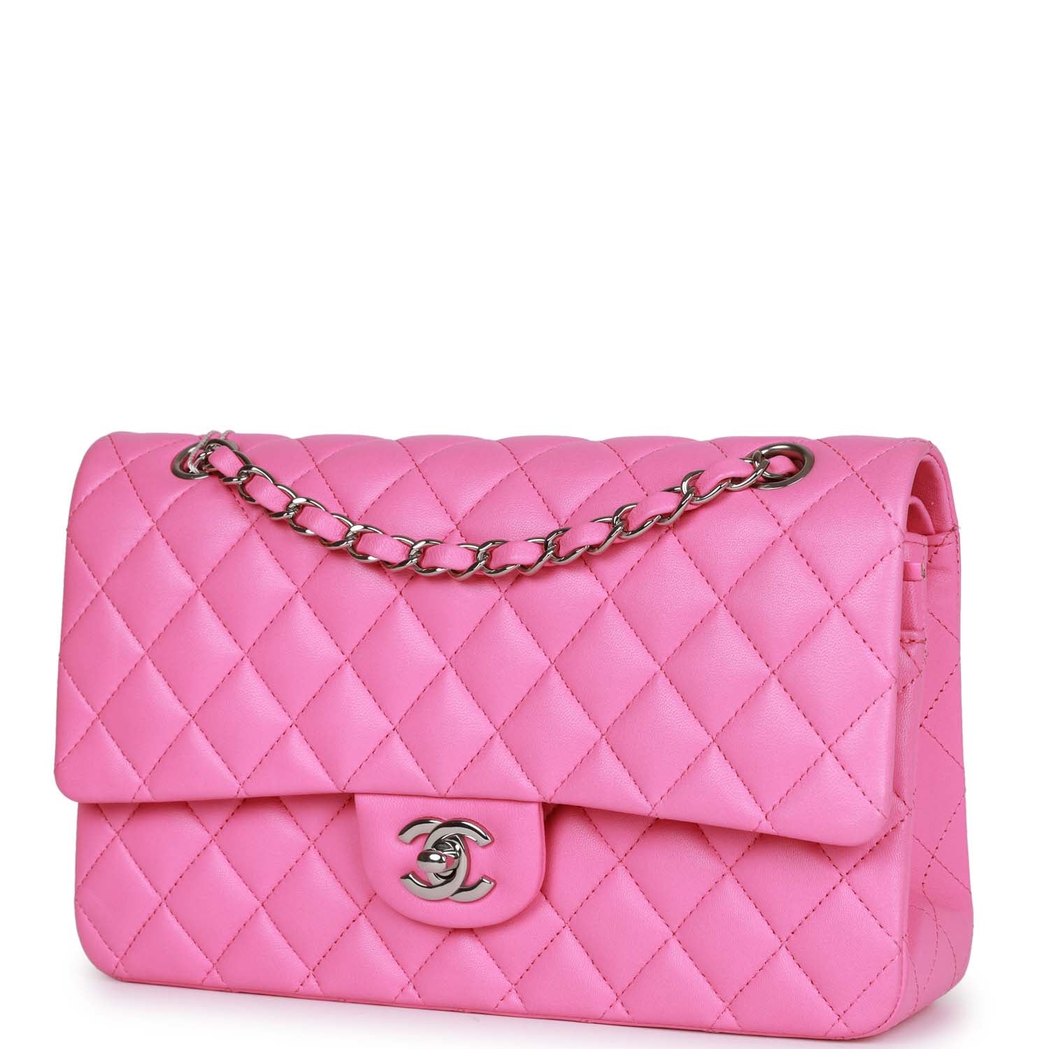 Pre-owned Chanel Medium Classic Double Flap Bag Neon Pink Lambskin Silver Hardware