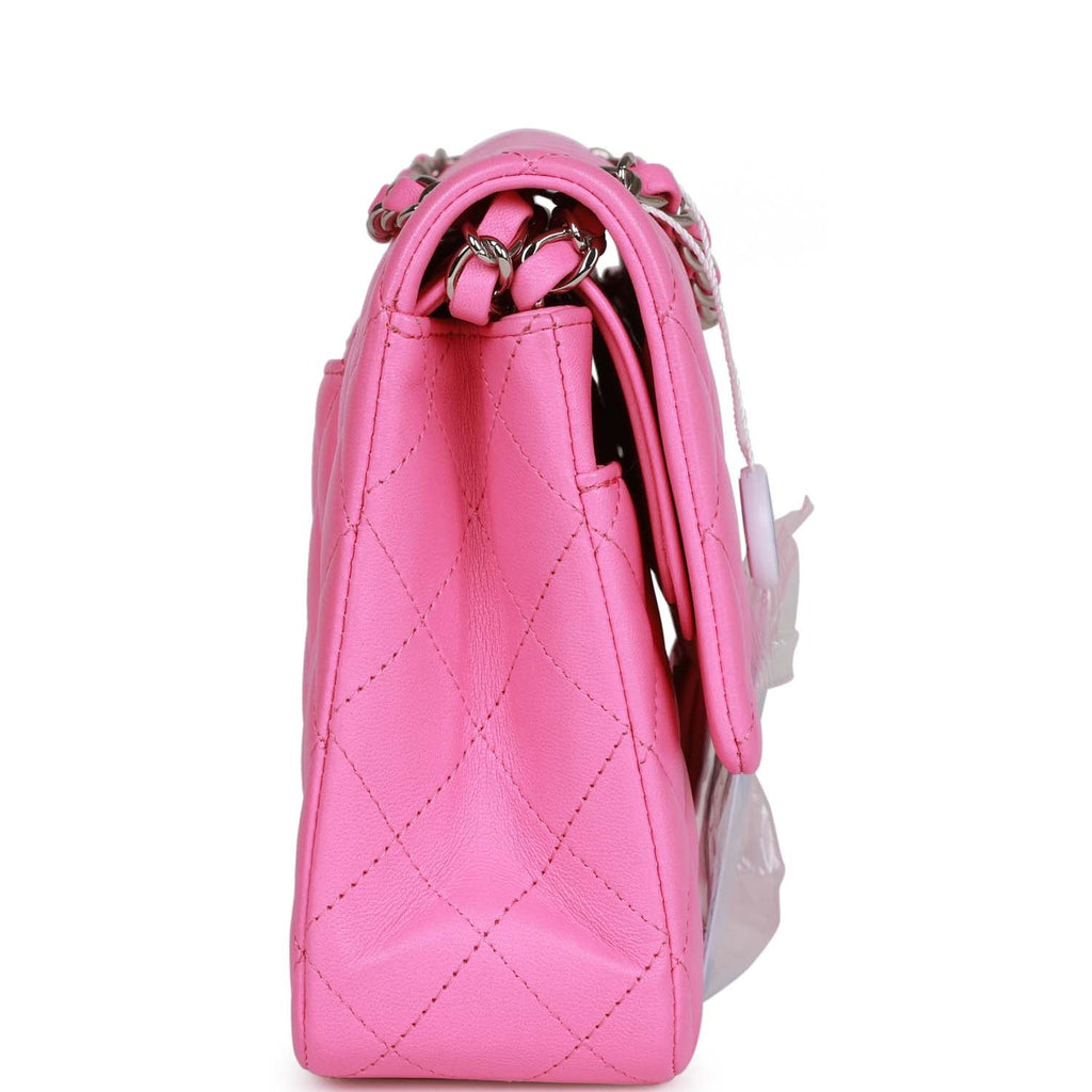 Pre-owned Chanel Medium Classic Double Flap Bag Neon Pink Lambskin Silver Hardware