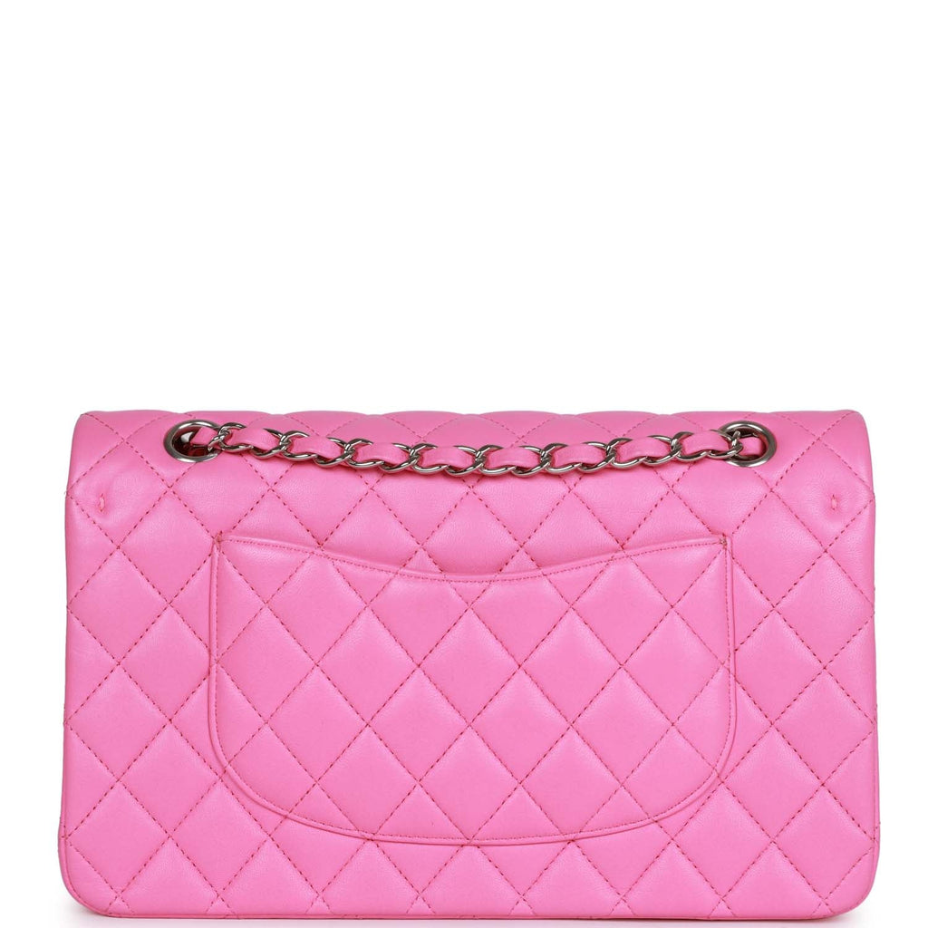 Pre-owned Chanel Medium Classic Double Flap Bag Neon Pink Lambskin Silver Hardware