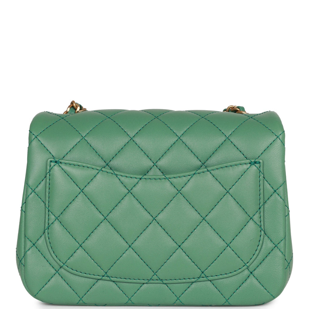 Chanel Pearl Crush Mini Square Flap Bag Dark Green Lambskin Antique Gold Hardware