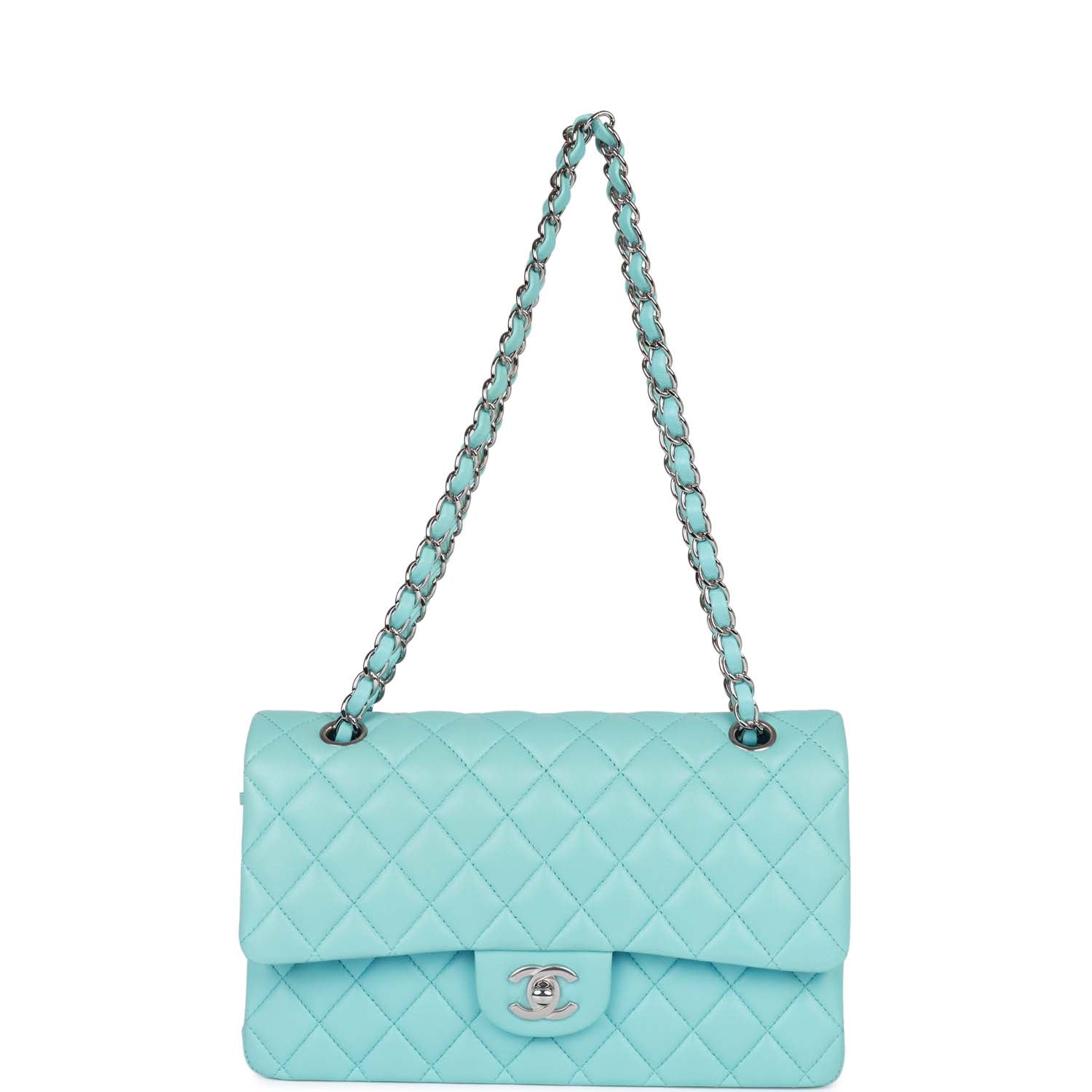 Chanel Medium Classic Double Flap Bag Blue Lambskin Silver Hardware