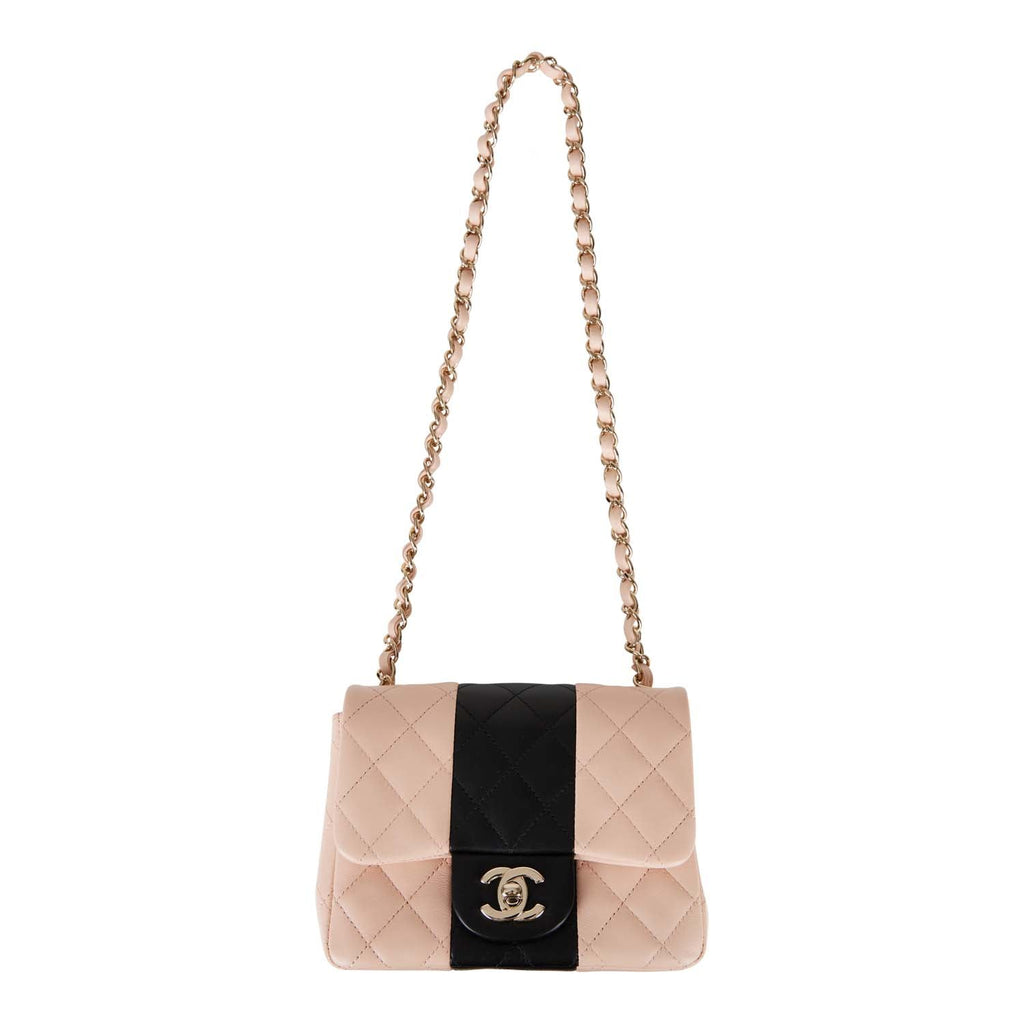 Chanel Mini Square Flap Bag Pink and Black Lambskin Light Gold Hardware