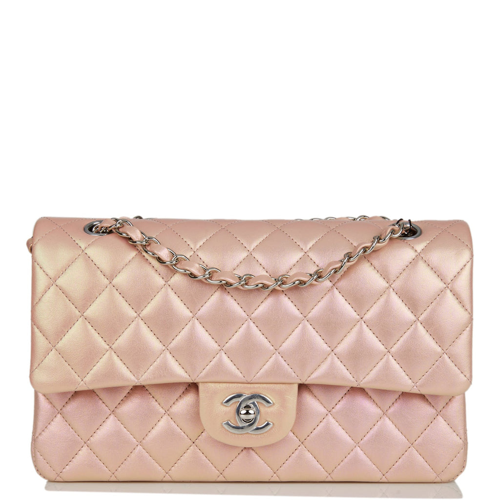 Chanel Medium Classic Double Flap Bag Pink Iridescent Lambskin Silver Hardware
