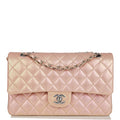 Chanel Medium Classic Double Flap Bag Pink Iridescent Lambskin Silver Hardware