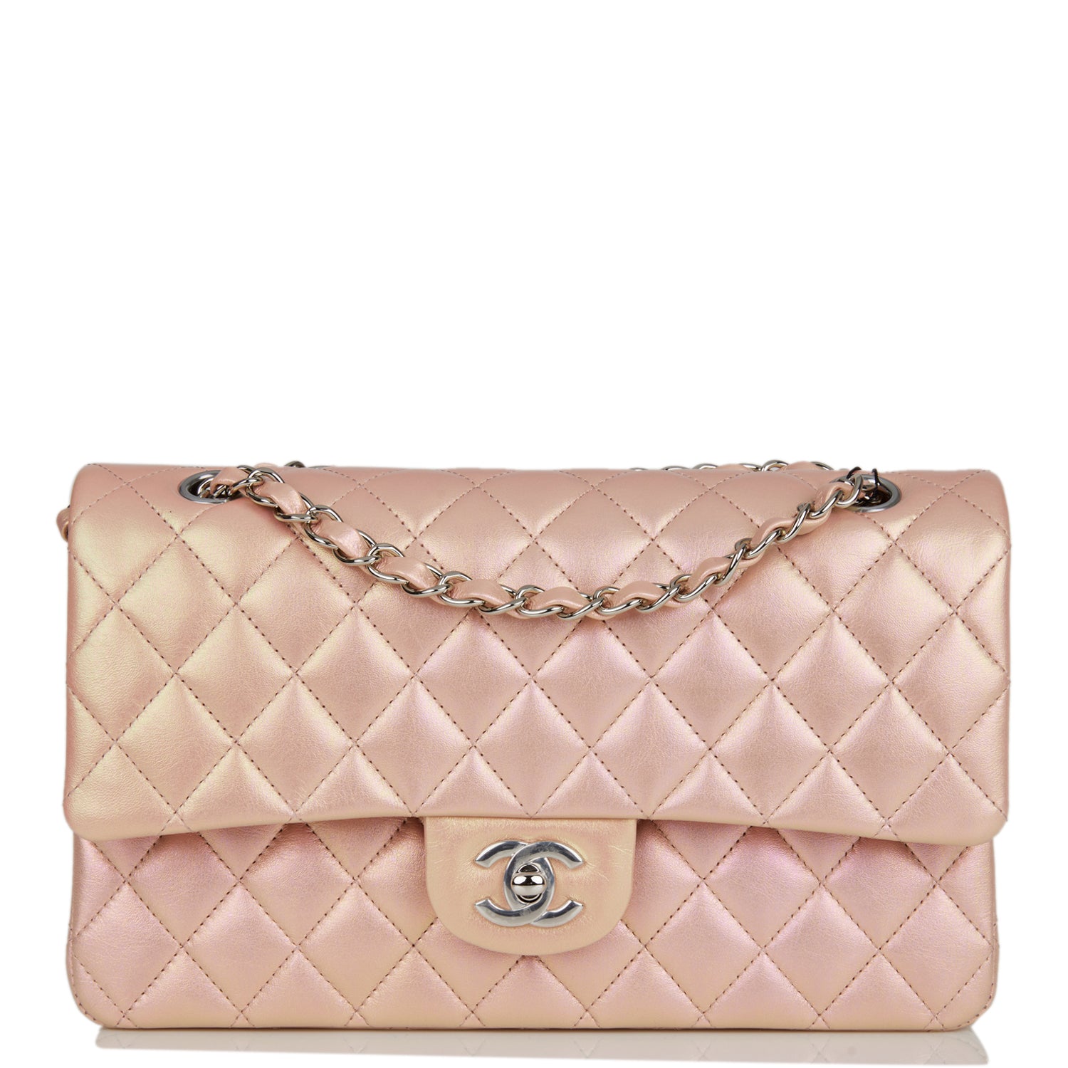 Chanel Medium Classic Double Flap Bag Pink Iridescent Lambskin Silver Hardware