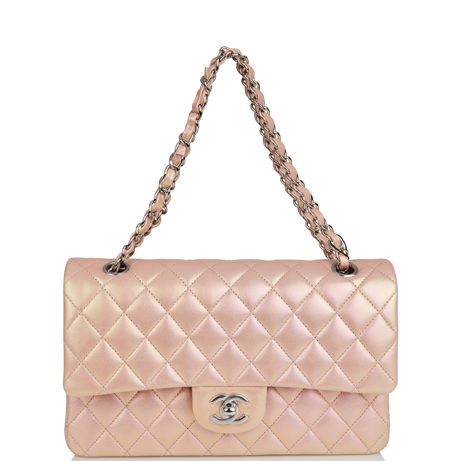 Chanel Medium Classic Double Flap Bag Pink Iridescent Lambskin Silver Hardware