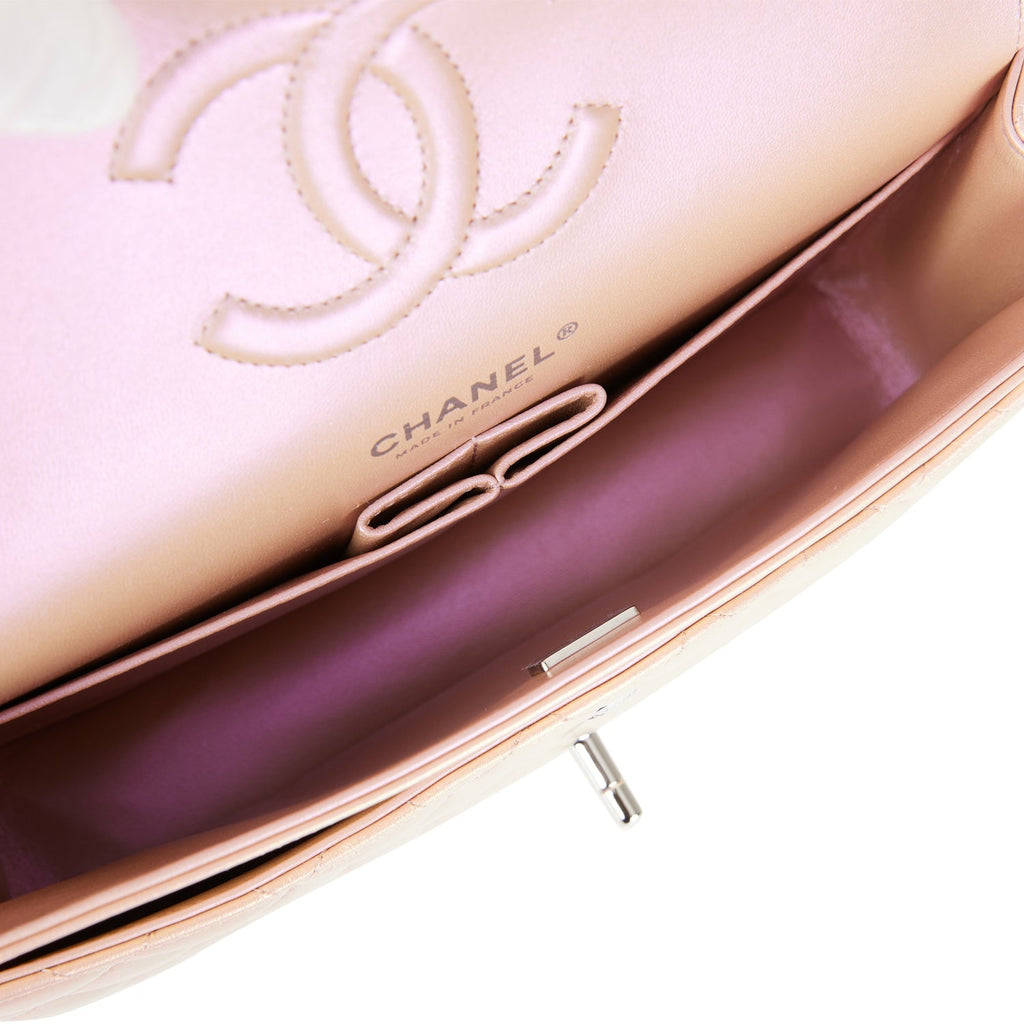 Chanel Medium Classic Double Flap Bag Pink Iridescent Lambskin Silver Hardware