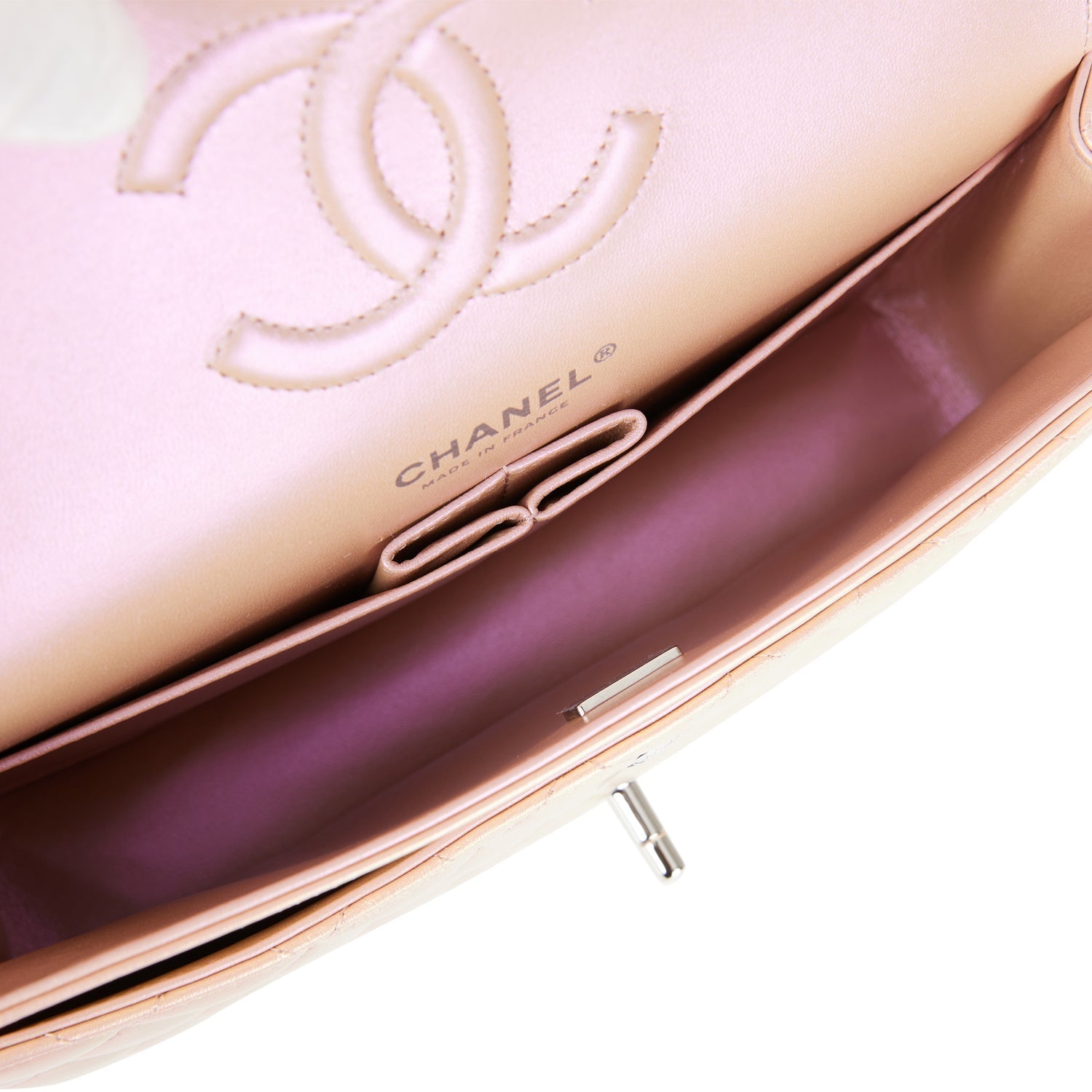 Chanel Medium Classic Double Flap Bag Pink Iridescent Lambskin Silver Hardware