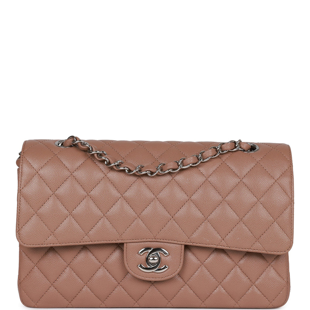 Pre-owned Chanel Medium Classic Double Flap Bag Beige Caviar Silver Hardware