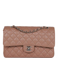 Pre-owned Chanel Medium Classic Double Flap Bag Beige Caviar Silver Hardware