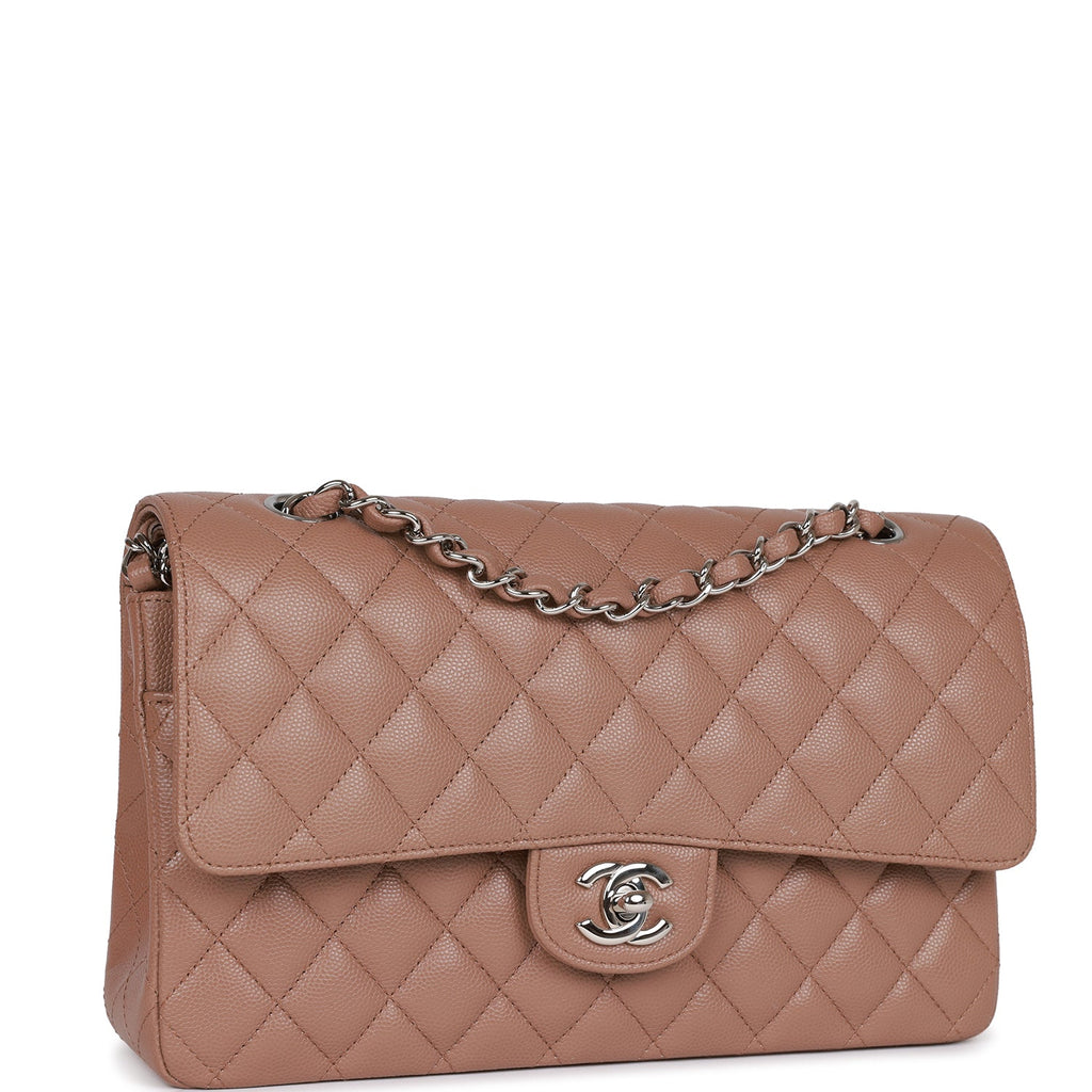 Pre-owned Chanel Medium Classic Double Flap Bag Beige Caviar Silver Hardware