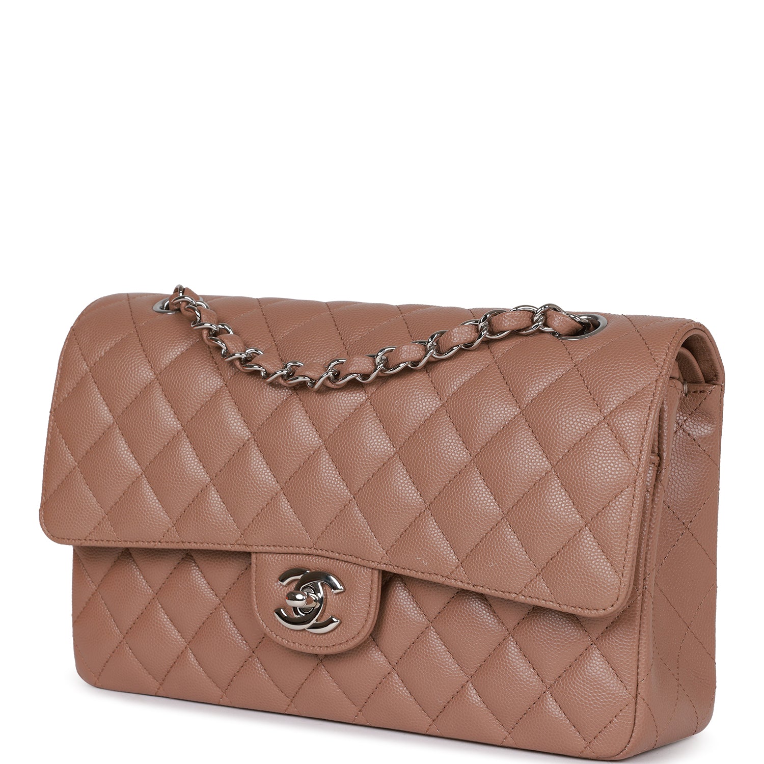 Pre-owned Chanel Medium Classic Double Flap Bag Beige Caviar Silver Hardware