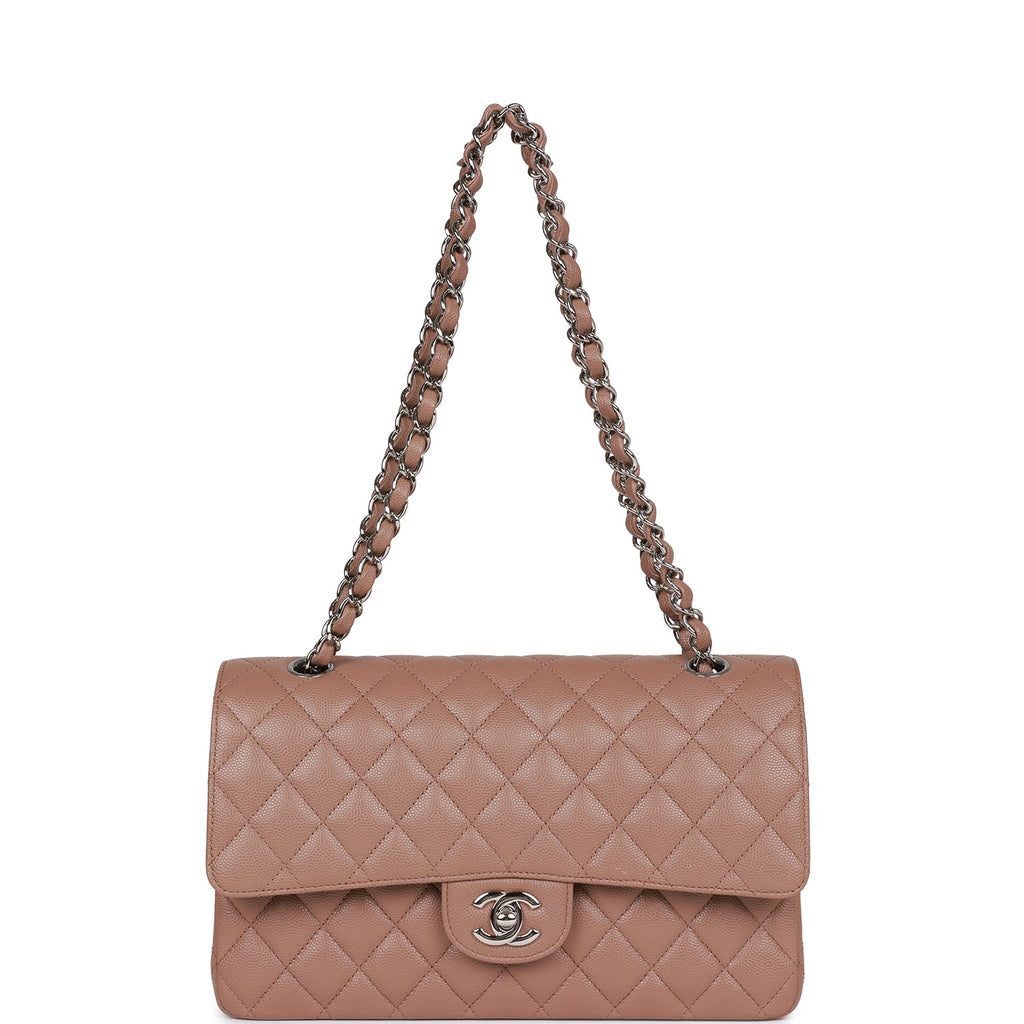 Pre-owned Chanel Medium Classic Double Flap Bag Beige Caviar Silver Hardware
