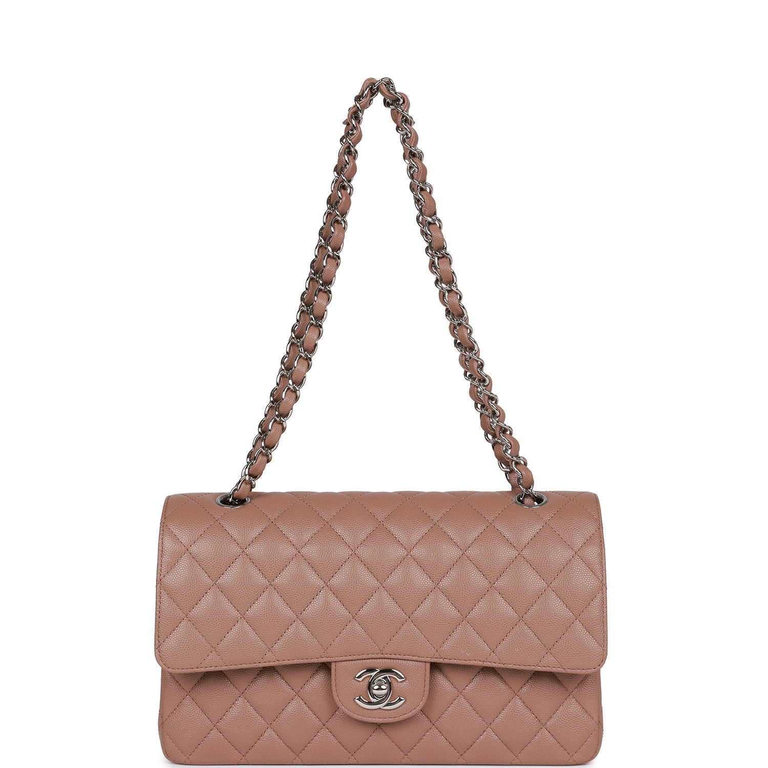 Pre-owned Chanel Medium Classic Double Flap Bag Beige Caviar Silver Hardware