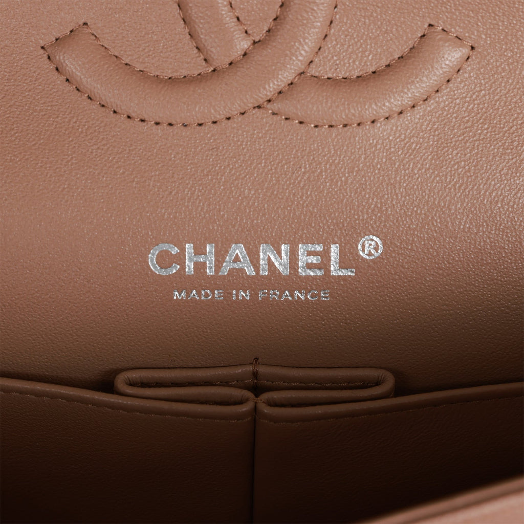 Pre-owned Chanel Medium Classic Double Flap Bag Beige Caviar Silver Hardware