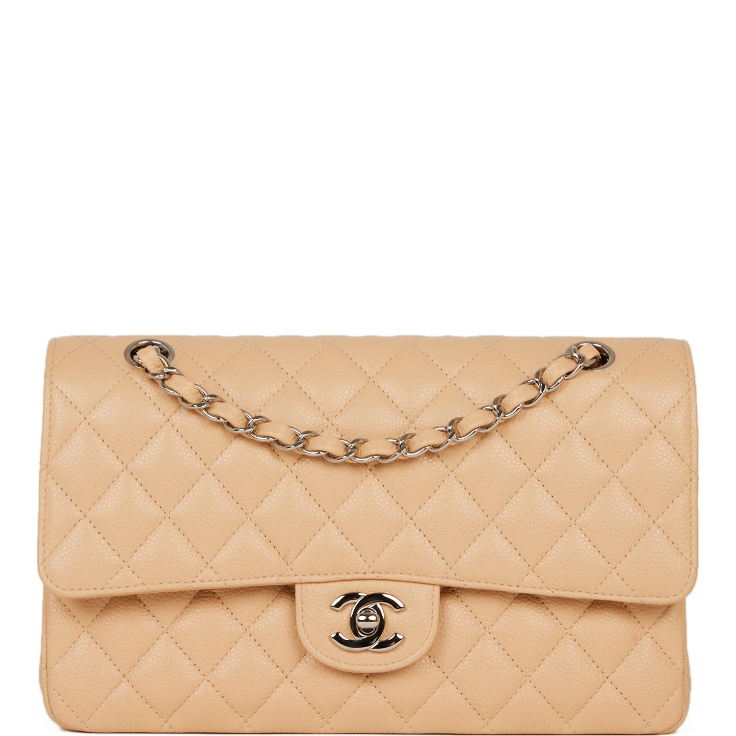 Chanel Medium Classic Double Flap Bag Beige Caviar Silver Hardware