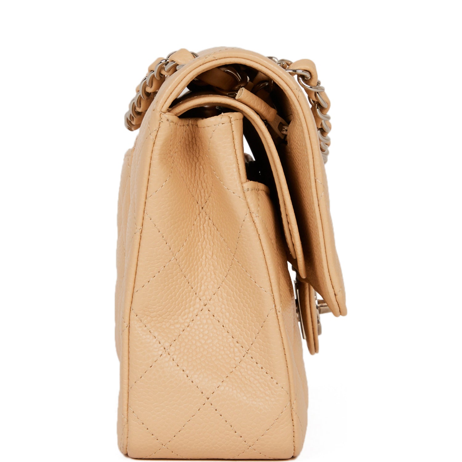 Pre-owned Chanel Medium Classic Double Flap Bag Beige Caviar Silver Hardware