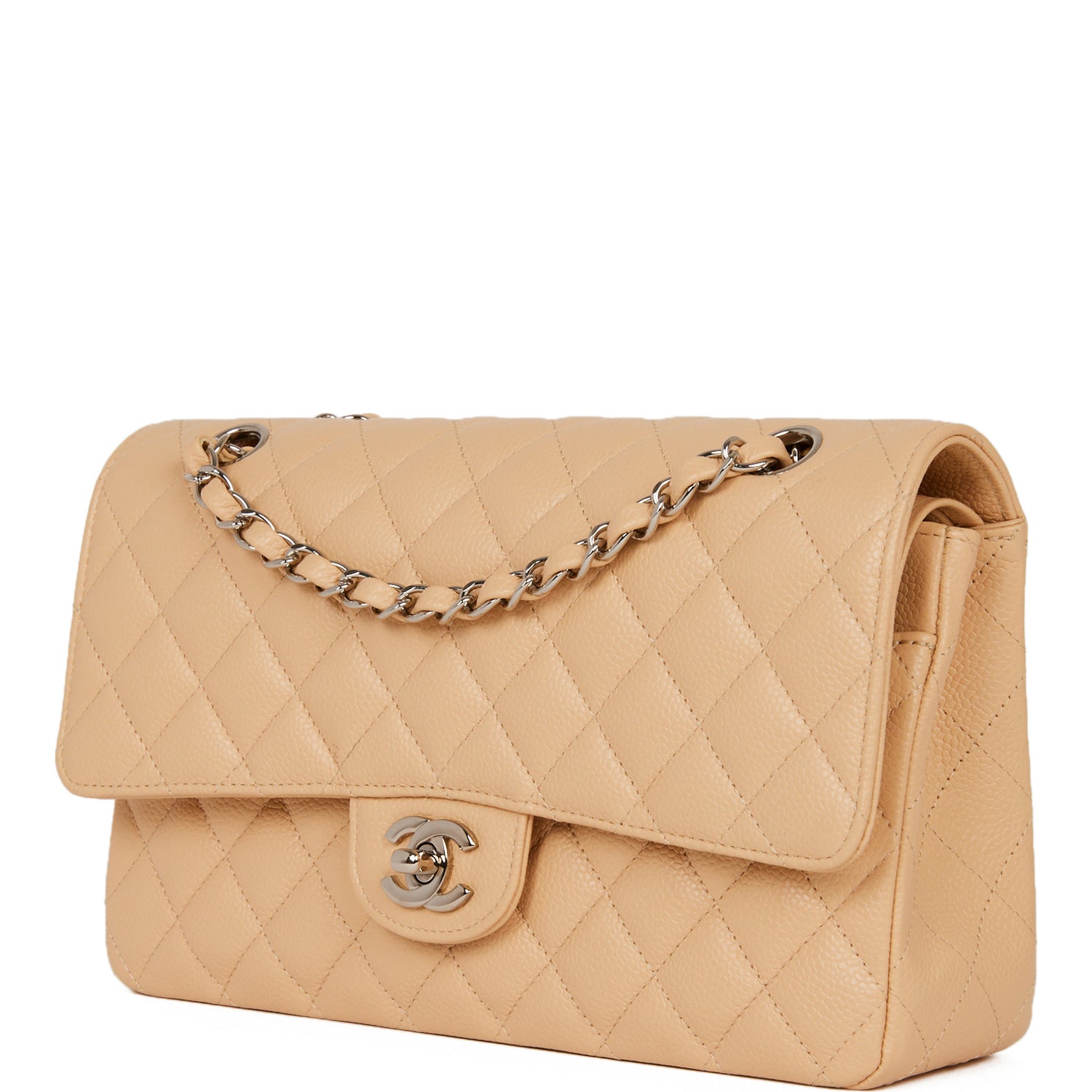 Pre-owned Chanel Medium Classic Double Flap Bag Beige Caviar Silver Hardware