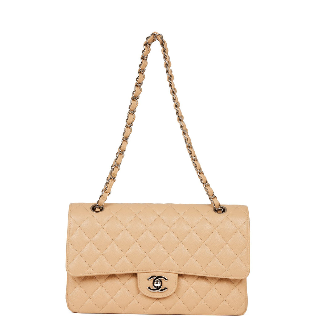 Pre-owned Chanel Medium Classic Double Flap Bag Beige Caviar Silver Hardware