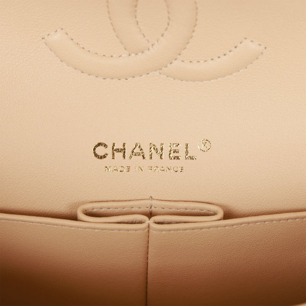 Chanel Medium Classic Double Flap Bag Beige Lambskin Light Gold Hardware