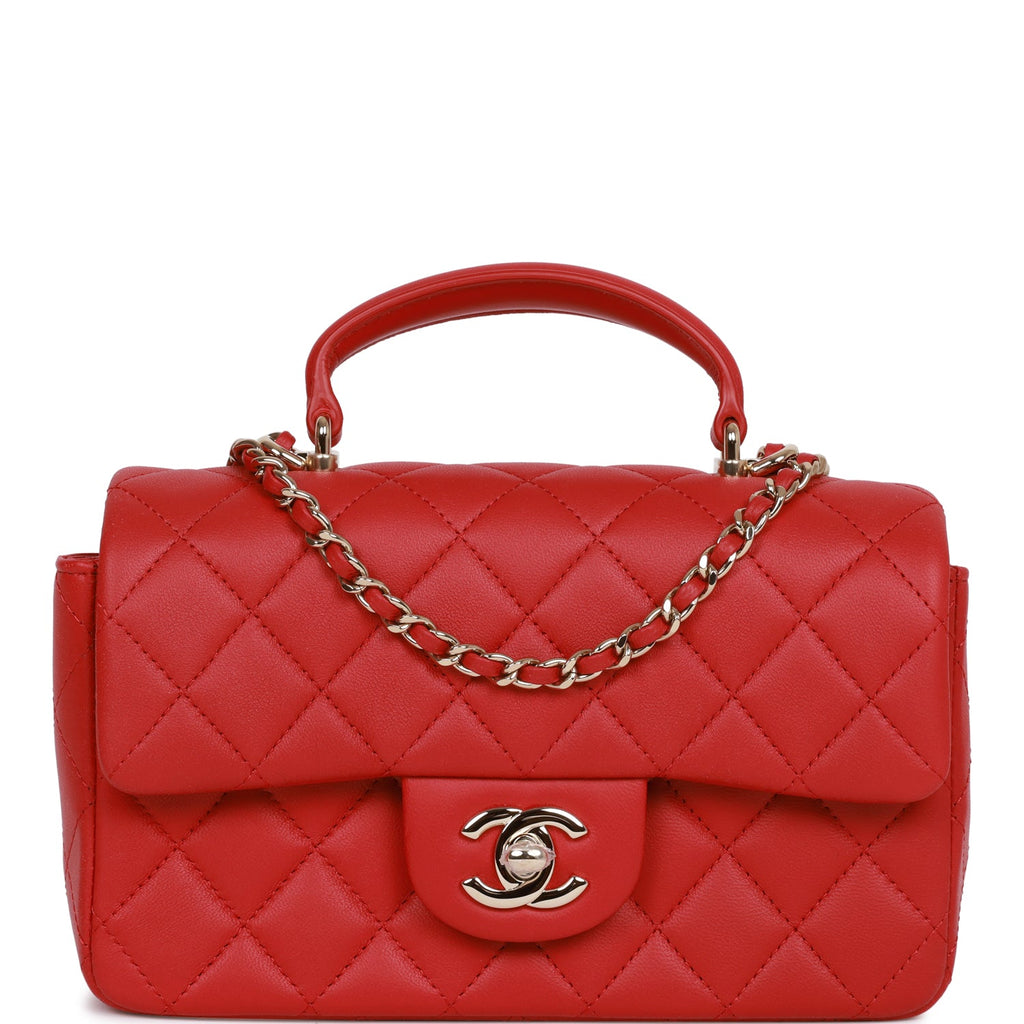 Chanel Mini Rectangular Flap Bag with Top Handle Red Lambskin Light Gold Hardware