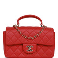 Chanel Mini Rectangular Flap Bag with Top Handle Red Lambskin Light Gold Hardware