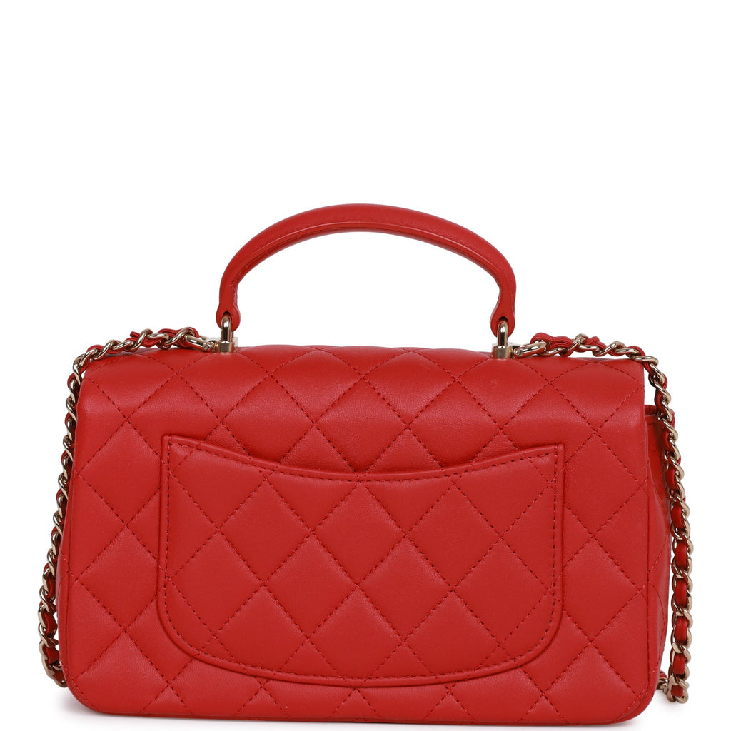 Chanel Mini Rectangular Flap Bag with Top Handle Red Lambskin Light Gold Hardware