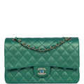 Chanel Medium Classic Double Flap Bag Green Iridescent Lambskin Light Gold Hardware