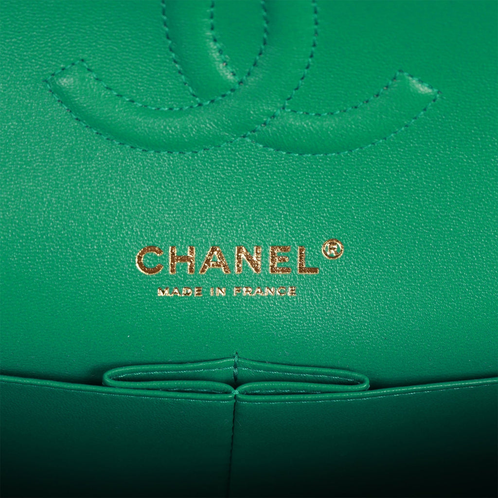 Chanel Medium Classic Double Flap Bag Green Iridescent Lambskin Light Gold Hardware