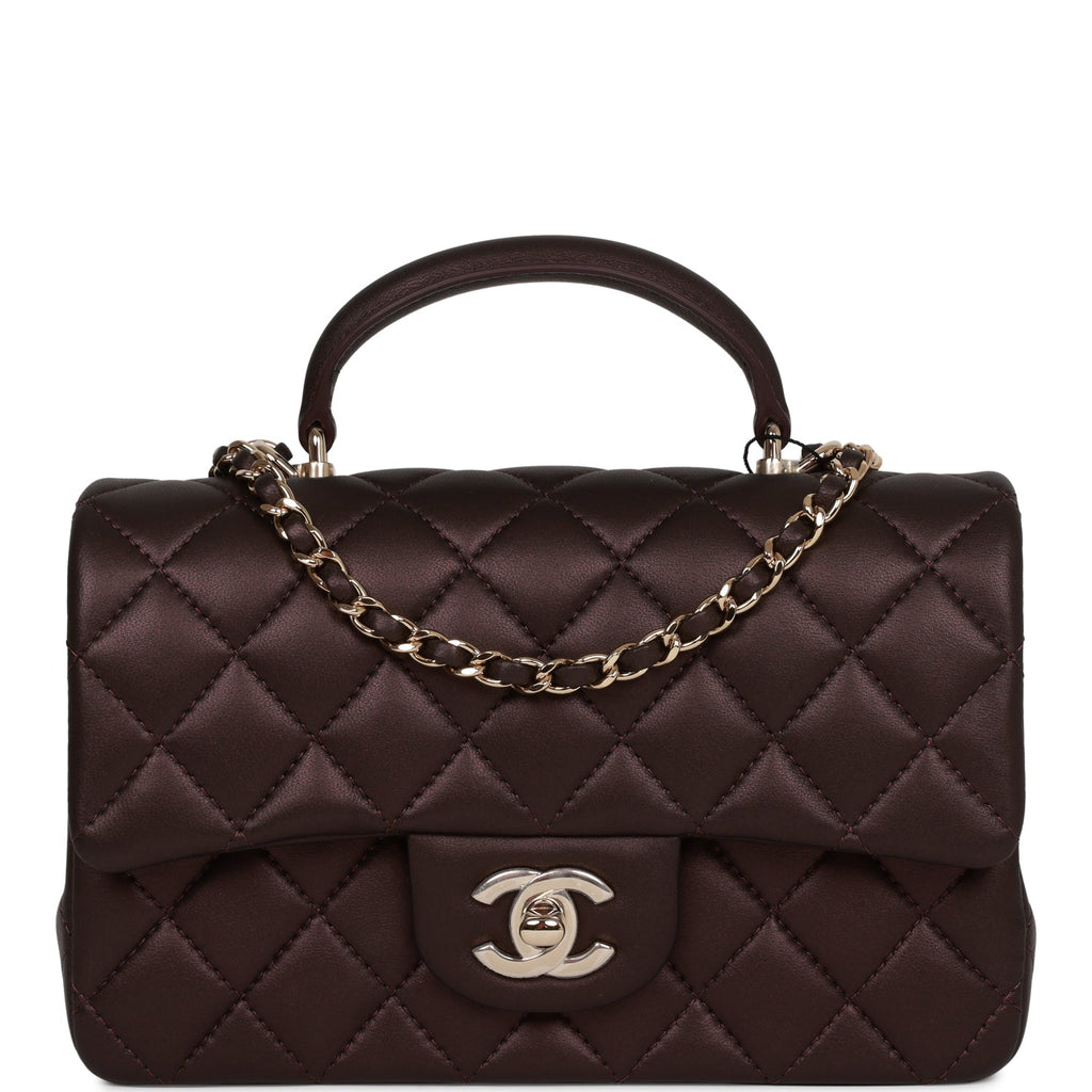 Chanel Mini Rectangular Flap Bag with Top Handle Burgundy Lambskin Light Gold Hardware