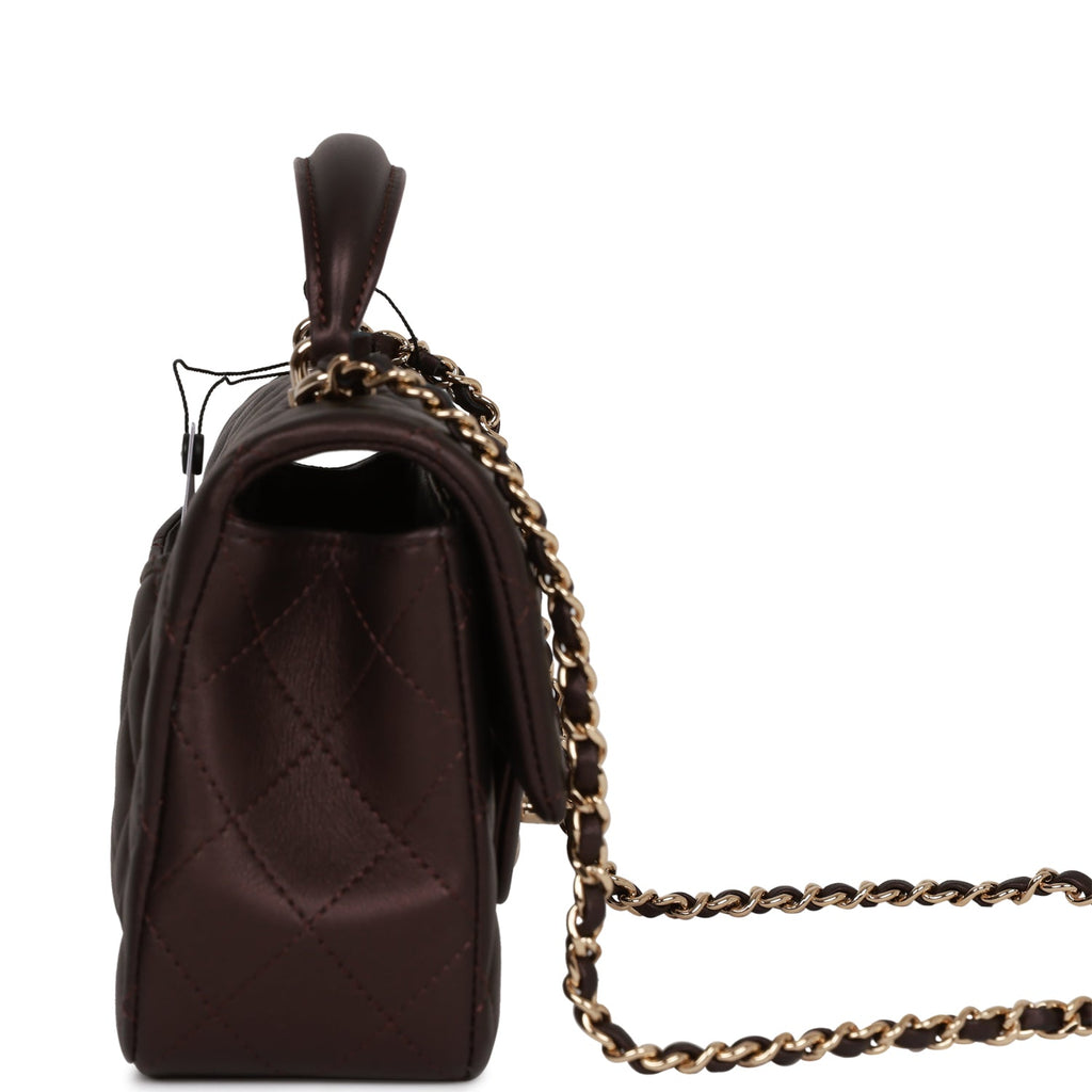 Chanel Mini Rectangular Flap Bag with Top Handle Burgundy Lambskin Light Gold Hardware