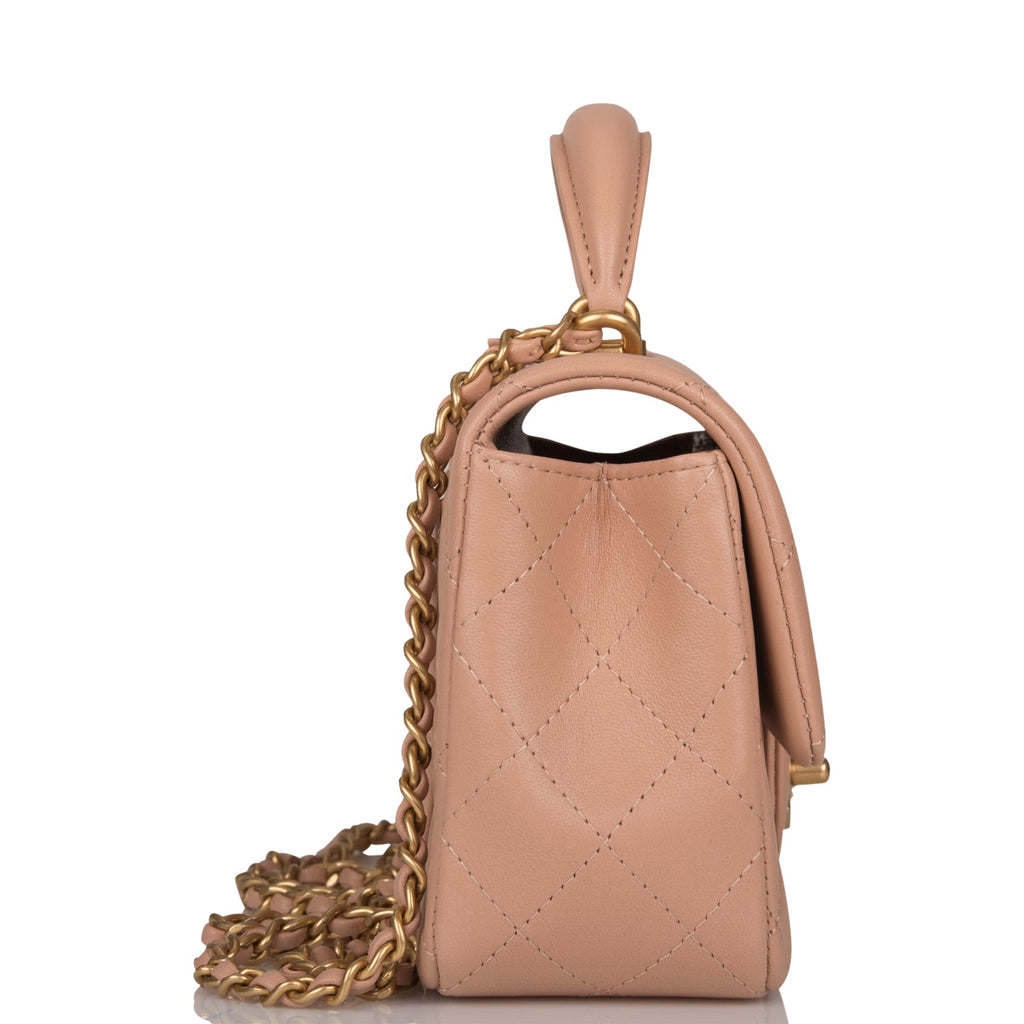 Chanel Mini Rectangular Flap with Top Handle Beige Lambskin Antique Gold Hardware