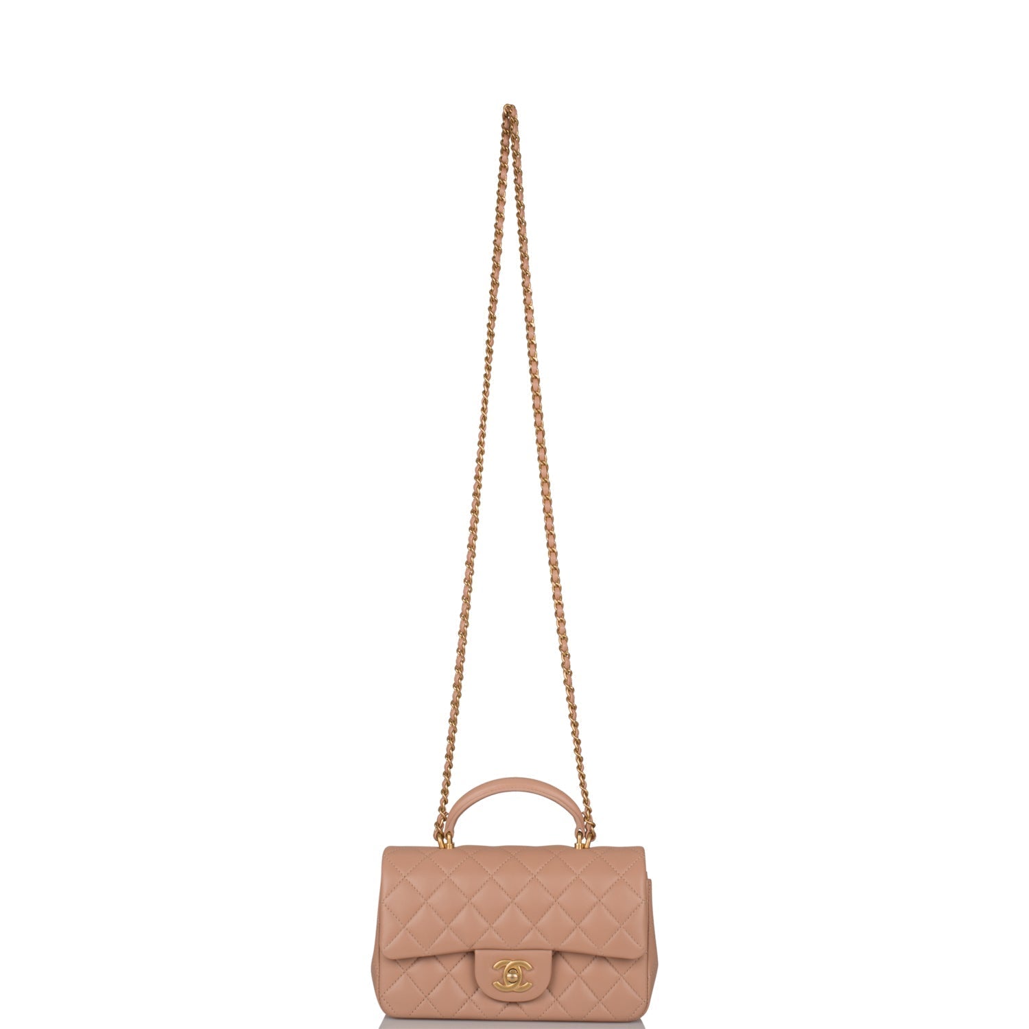 Chanel Mini Rectangular Flap with Top Handle Beige Lambskin Antique Gold Hardware