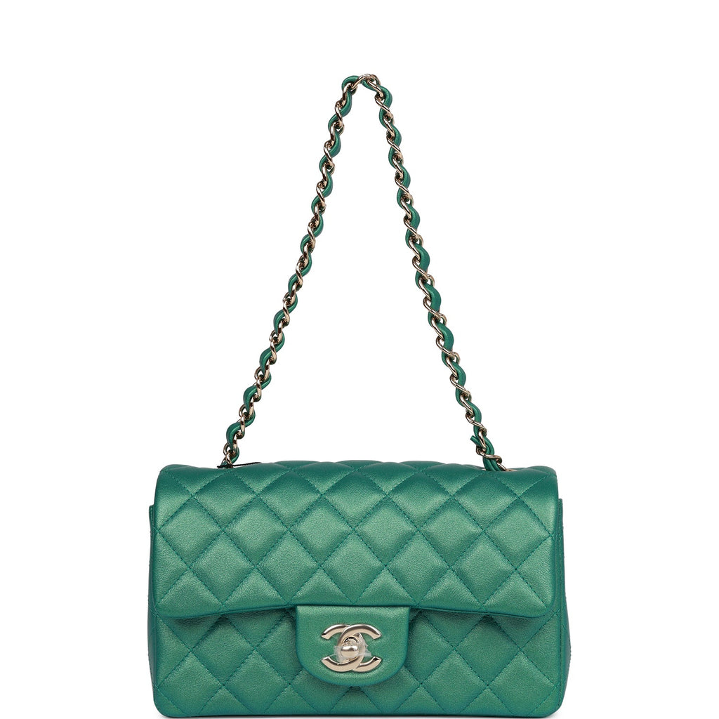 Chanel Mini Rectangular Flap Bag Green Iridescent Quilted Lambskin Light Gold Hardware