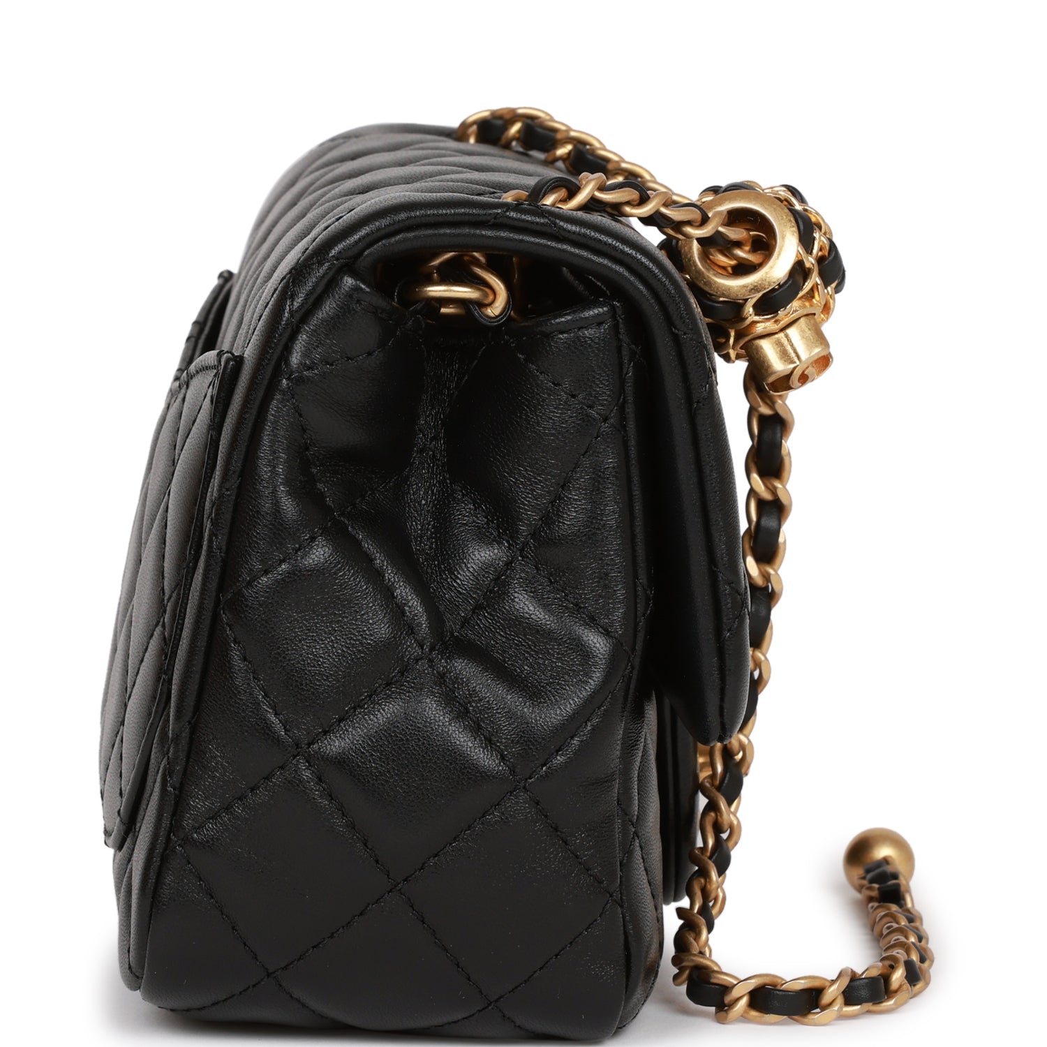 Chanel Pearl Crush Mini Square Flap Bag Black Lambskin Antique Gold Hardware