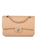 Chanel Medium Classic Double Flap Bag Beige Quilted Caviar Silver Hardware