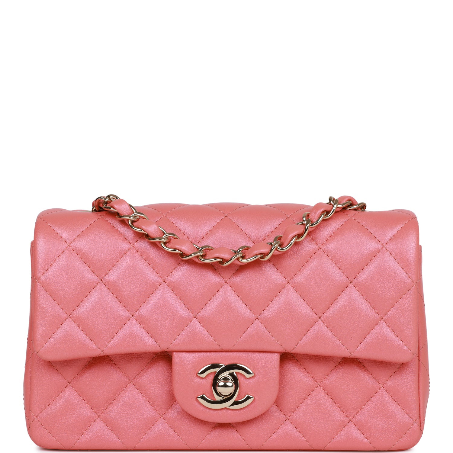 Chanel Mini Rectangular Flap Bag Pink Iridescent Lambskin Light Gold Hardware