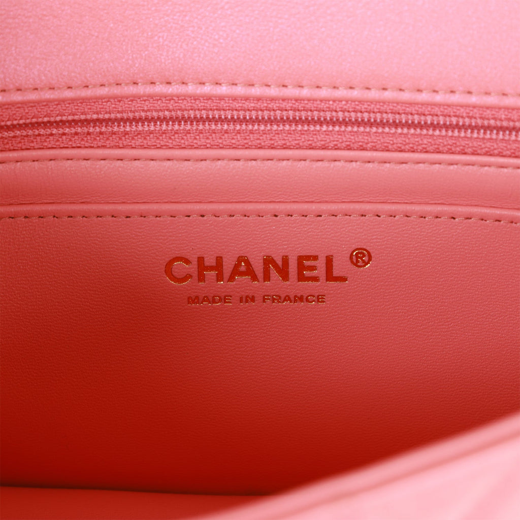Chanel Mini Rectangular Flap Bag Pink Iridescent Lambskin Light Gold Hardware