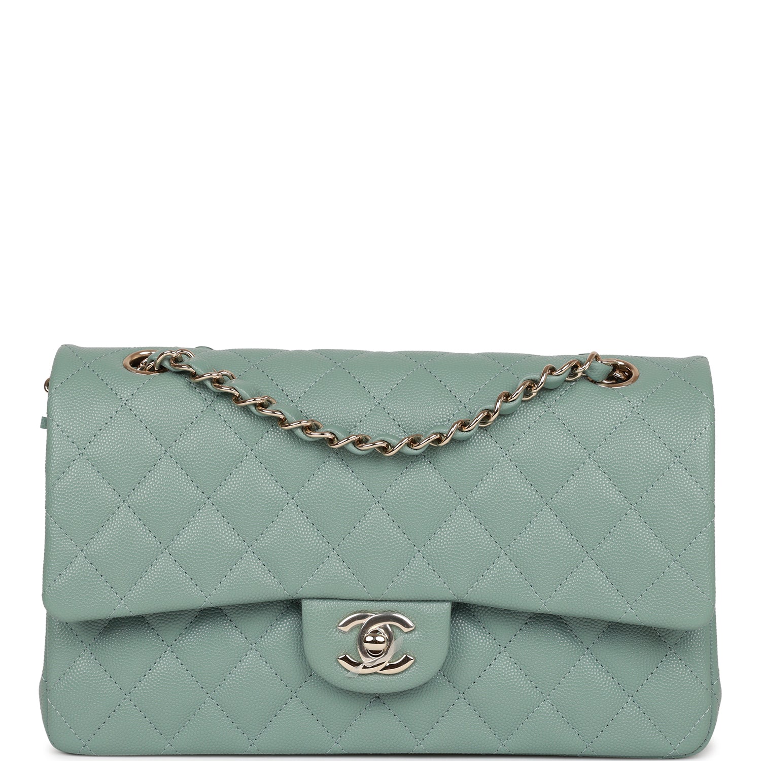 Chanel Medium Classic Double Flap Bag Green Caviar Light Gold Hardware