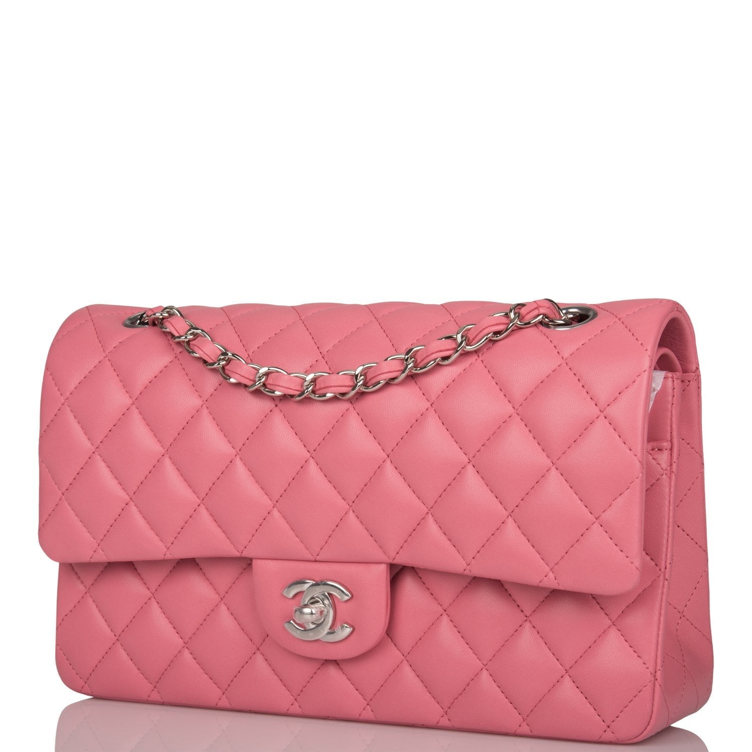 Chanel Medium Classic Double Flap Bag Rose Quilted Lambskin Silver Hardware