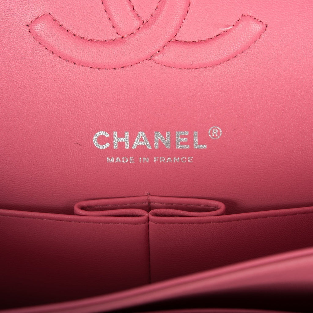 Chanel Medium Classic Double Flap Bag Rose Quilted Lambskin Silver Hardware