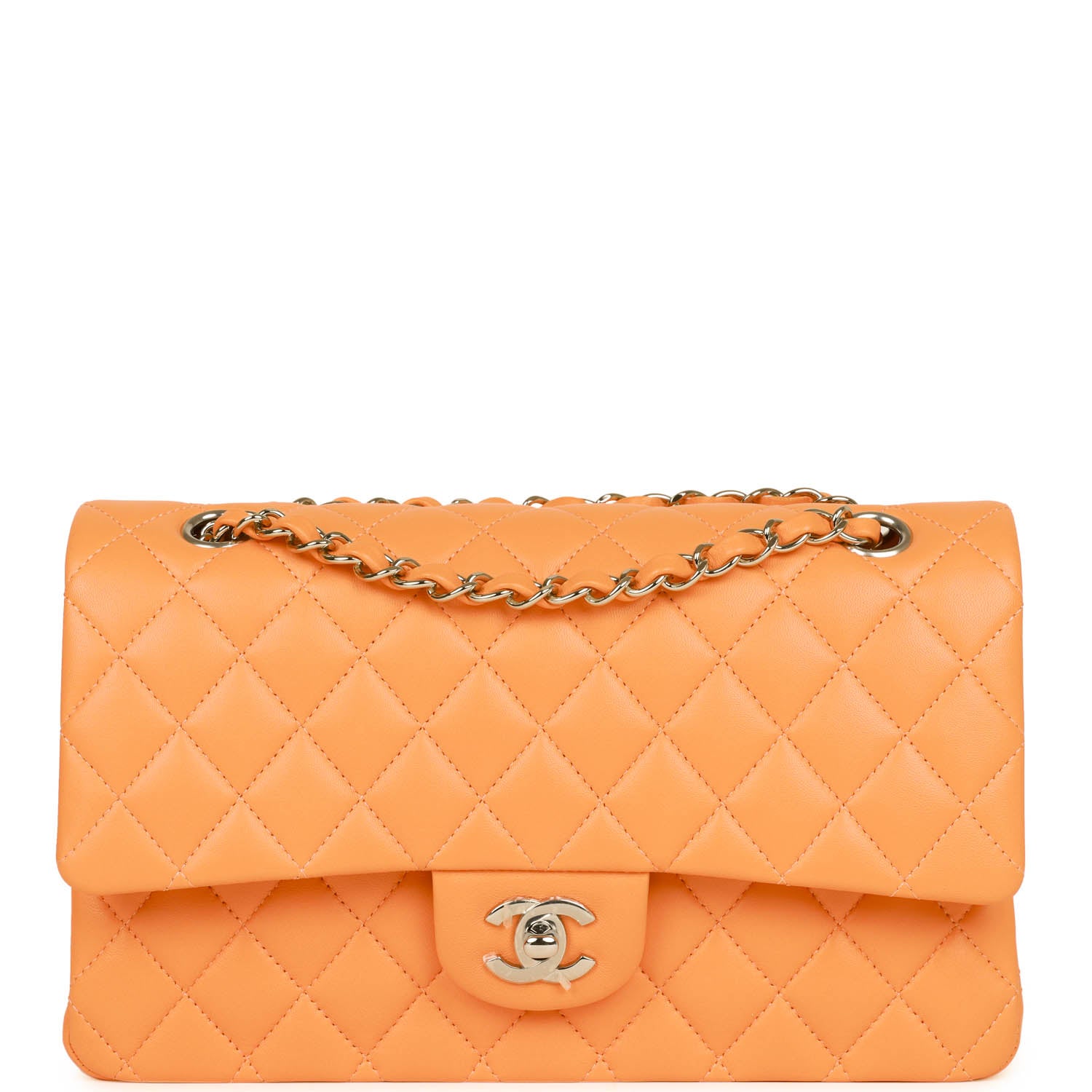 Chanel Medium Classic Double Flap Bag Neon Orange Lambskin Silver Hardware