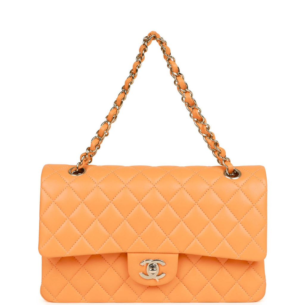 Chanel Medium Classic Double Flap Bag Neon Orange Lambskin Silver Hardware